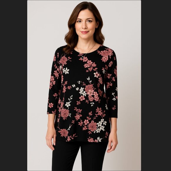 J. Jill Floral Tunic Top Size MEDIUM Wearever Black Blossom Pleated 3/4 Sleeve - Picture 1 of 13